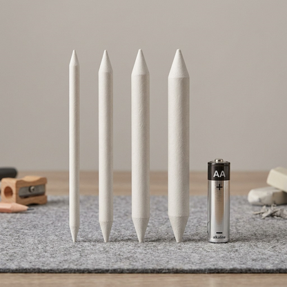 A realistic photo shows a STAEDTLER Blending stumps 4-pack (MPN 5426-S-BK4) next to a standard AA battery.