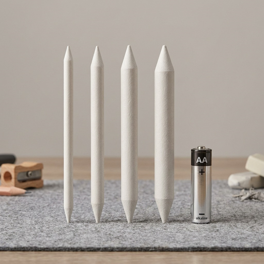 A realistic photo shows a STAEDTLER Blending stumps 4-pack (MPN 5426-S-BK4) next to a standard AA battery.