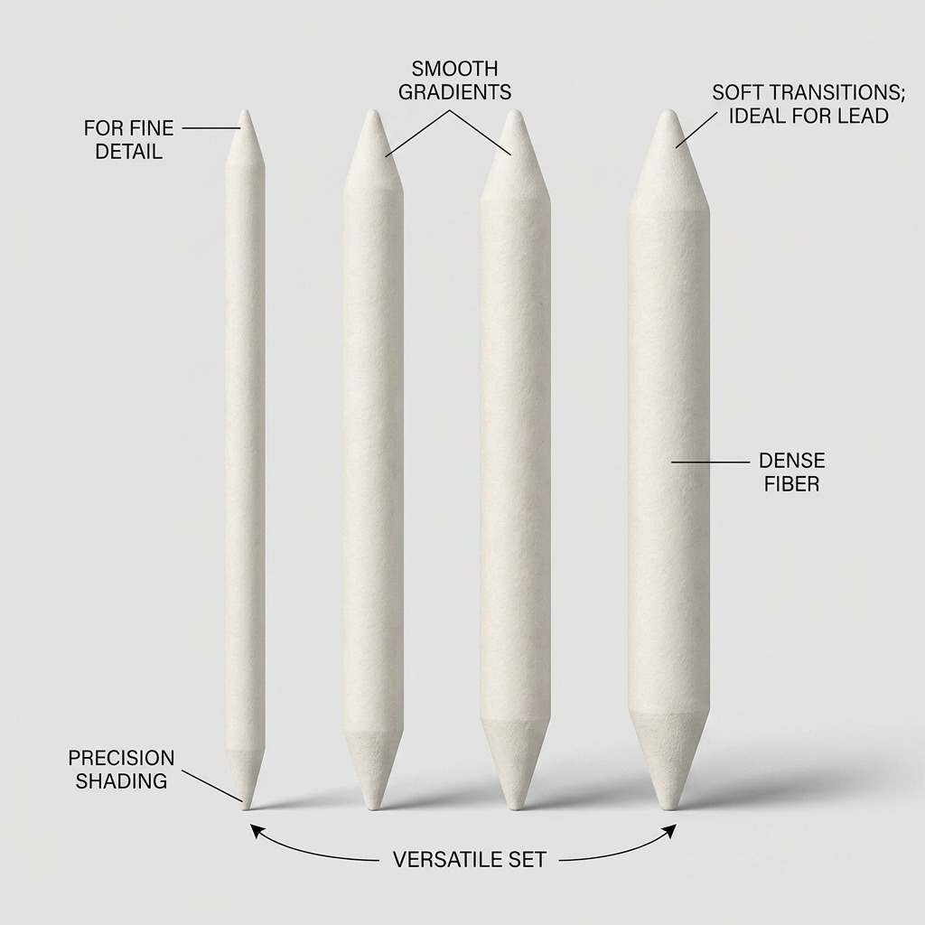 Ecommerce graphic of 4 Staedtler blending stumps (5426-S-BK4) with concise feature callouts.