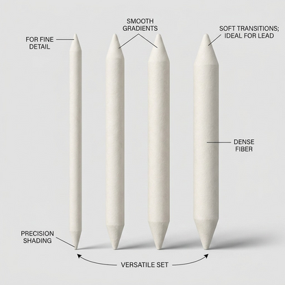 Ecommerce graphic of 4 Staedtler blending stumps (5426-S-BK4) with concise feature callouts.