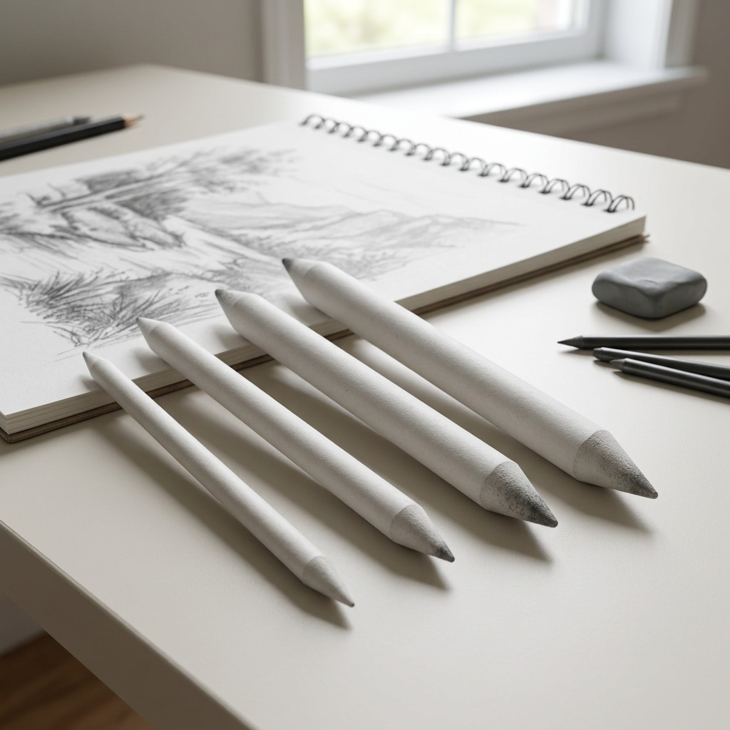 Photorealistic view of four STAEDTLER blending stumps in a home studio context, showing graphite dust after blending a landscape sketch on an open sketchbook, with erasers nearby.