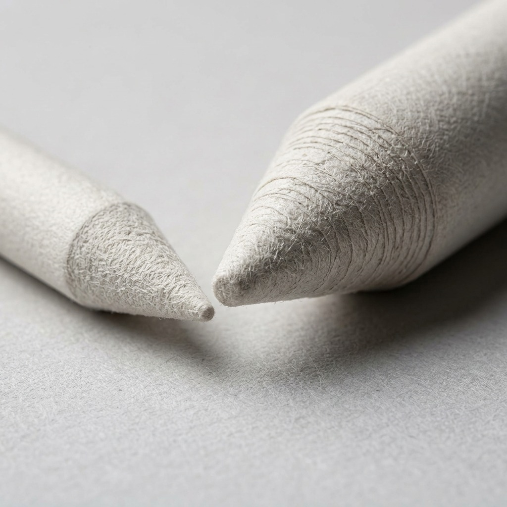 Macro shot of the fibrous pressed paper texture on two blending stumps.
