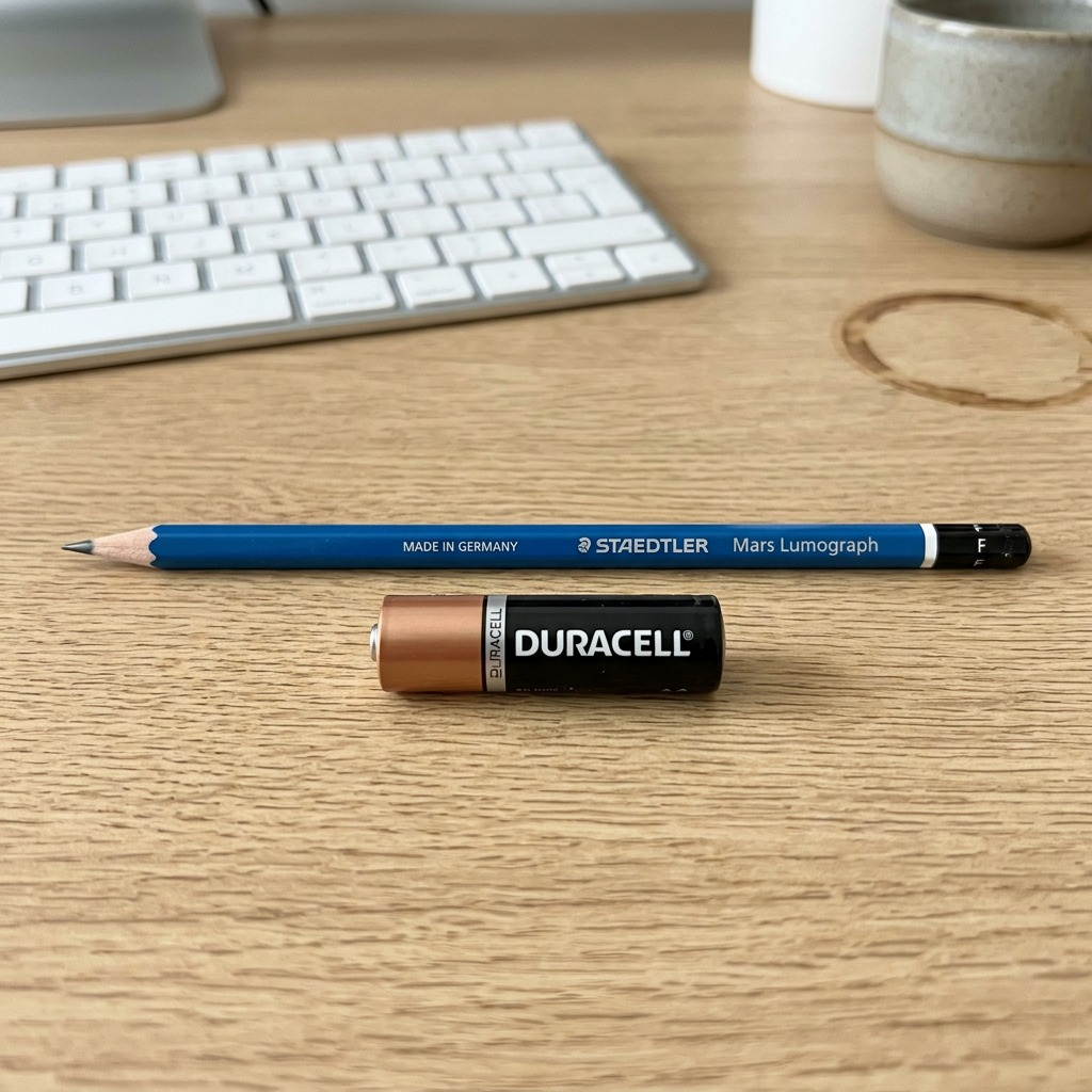 A scale reference shot, showing the specific blue Staedtler Mars Lumograph pencil beside a standard AA battery.