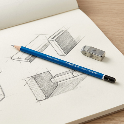 A close-up photograph of a STAEDTLER Mars Lumograph (F grade) pencil resting on an open sketchbook with technical sketches and architectural notes. Natural light, professional composition, and realistic scale.