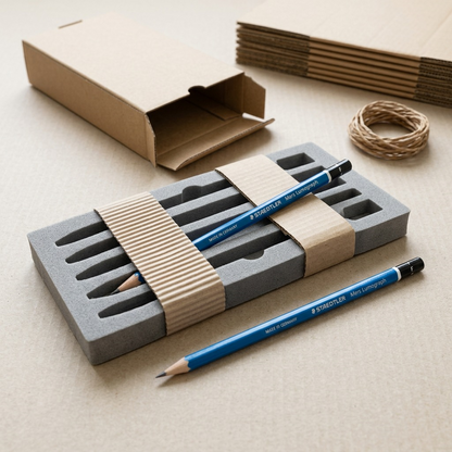 Unboxing of STAEDTLER Mars Lumograph pencil from a protective shipping sleeve and cardboard box.