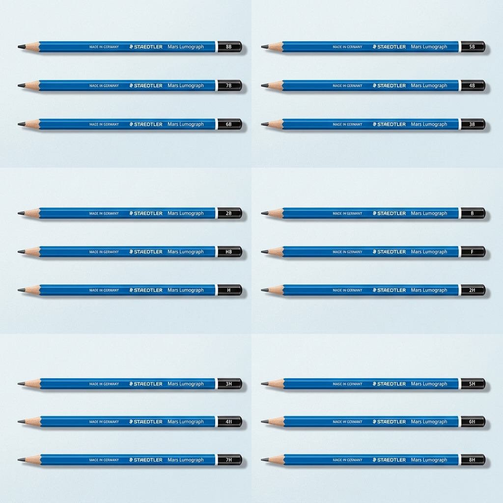 A premium ecommerce matrix image displaying the STAEDTLER Mars Lumograph pencil's 18 distinct hardness degrees in a tidy grid.
