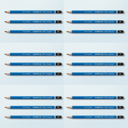 A premium ecommerce matrix image displaying the STAEDTLER Mars Lumograph pencil's 18 distinct hardness degrees in a tidy grid.