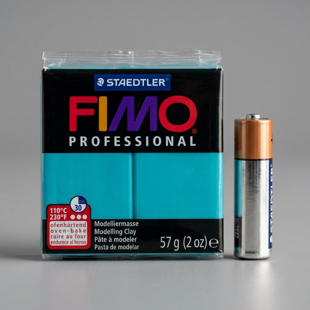 The STAEDTLER FIMO Professional 57g modelling clay block shown with an everyday AA battery for size reference.