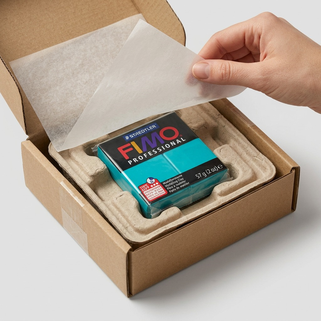 An unboxing scene shows FIMO Professional turquoise clay safely nestled in molded pulp packaging.