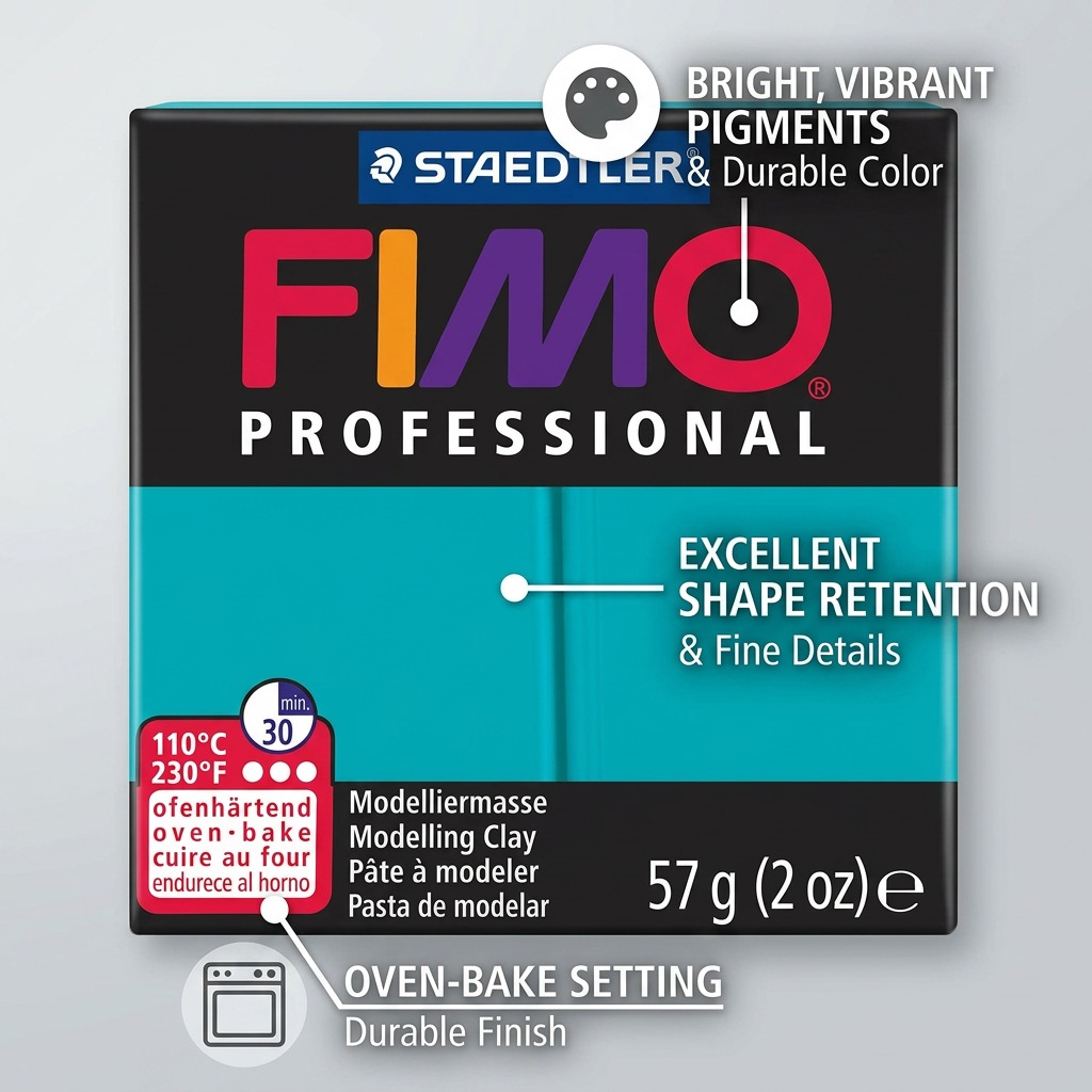 An illustration of Fimo Professional Turquoise clay with data callouts for high pigmentation and oven baking.