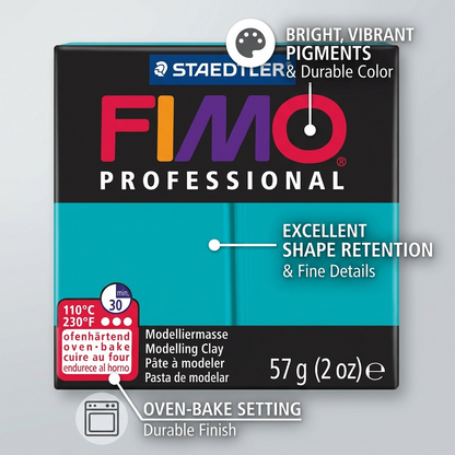 An illustration of Fimo Professional Turquoise clay with data callouts for high pigmentation and oven baking.