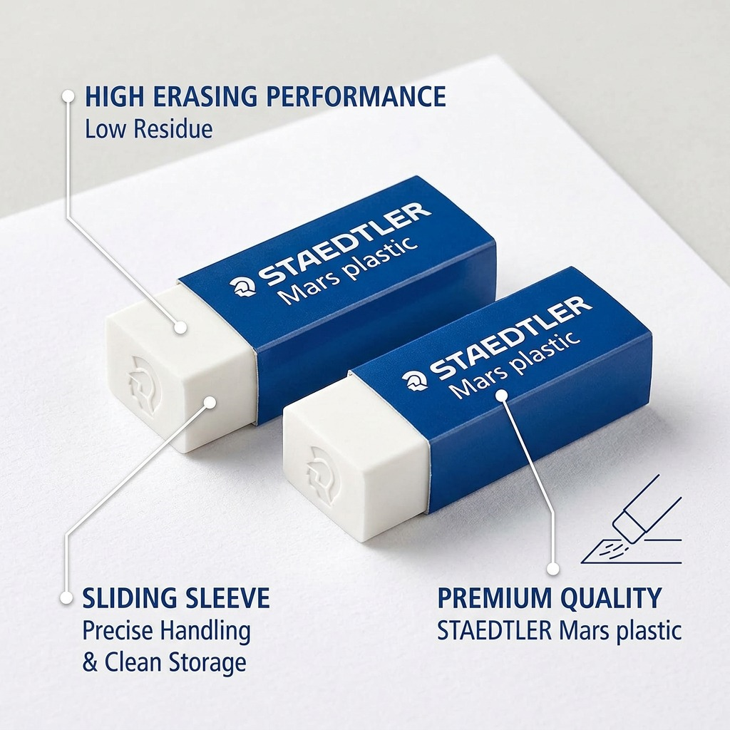Close-up photo of a STAEDTLER Mars plastic 2-pack eraser with callouts: "PVC-Free Material" and "Phthalate-Free."