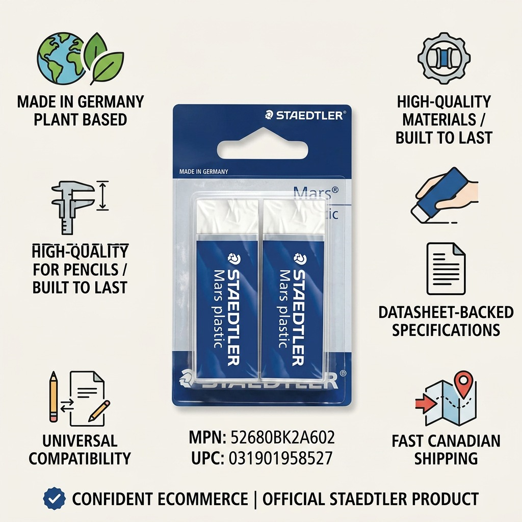 Infographic for STAEDTLER Mars plastic erasers with quality icons and data.