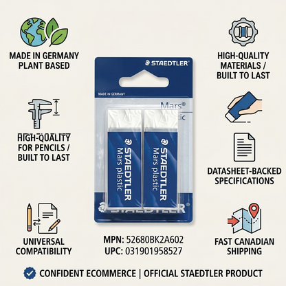 Infographic for STAEDTLER Mars plastic erasers with quality icons and data.