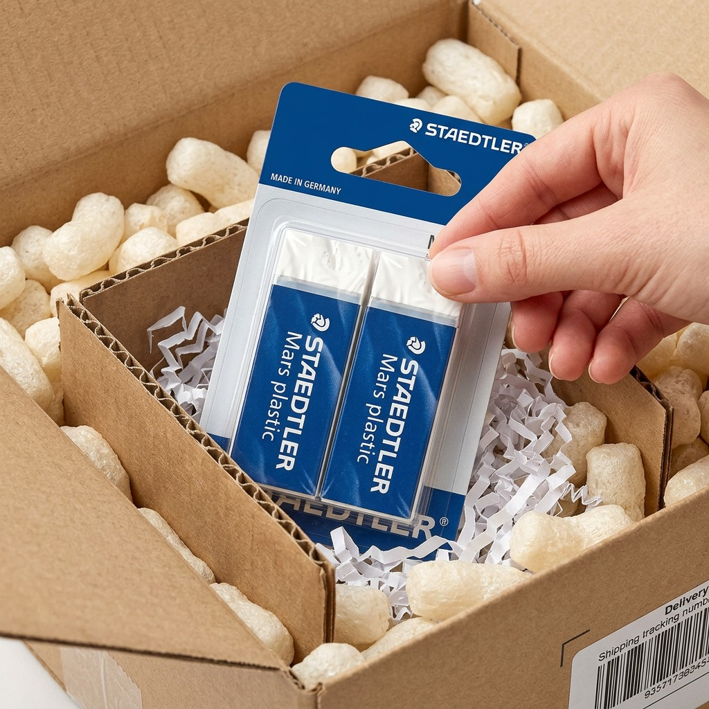 Photo of a hand opening transit packaging to reveal a protected STAEDTLER Mars plastic 2-pack eraser.