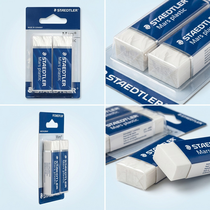 A visual matrix comparing multiple views of the STAEDTLER Mars plastic 2-pack erasers.