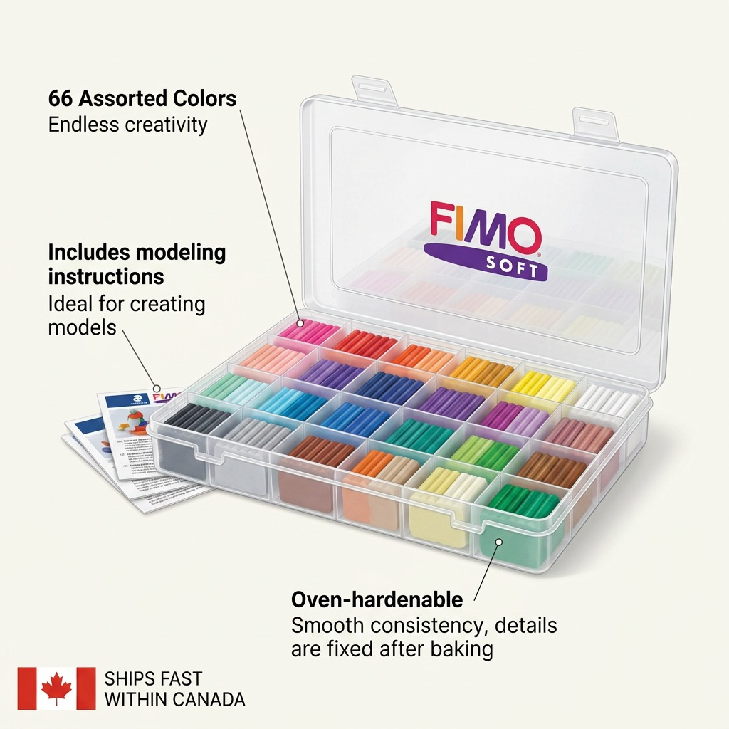 A factual ecommerce callout graphic showcasing the key benefits and features of the STAEDTLER Fimo Soft 66 Assorted Color Pack.