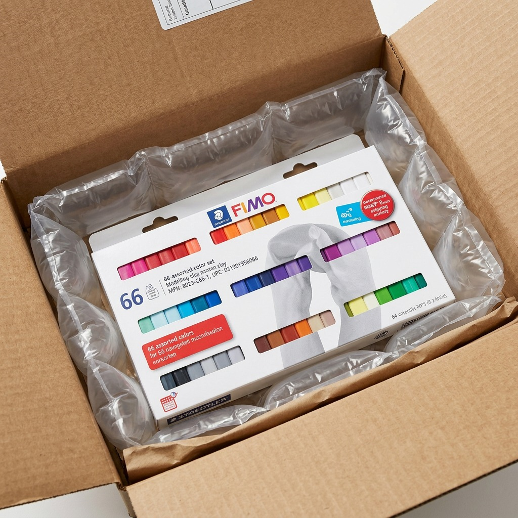 STAEDTLER Fimo set securely sitting in an open shipping box with air pillow cushioning and padding.
