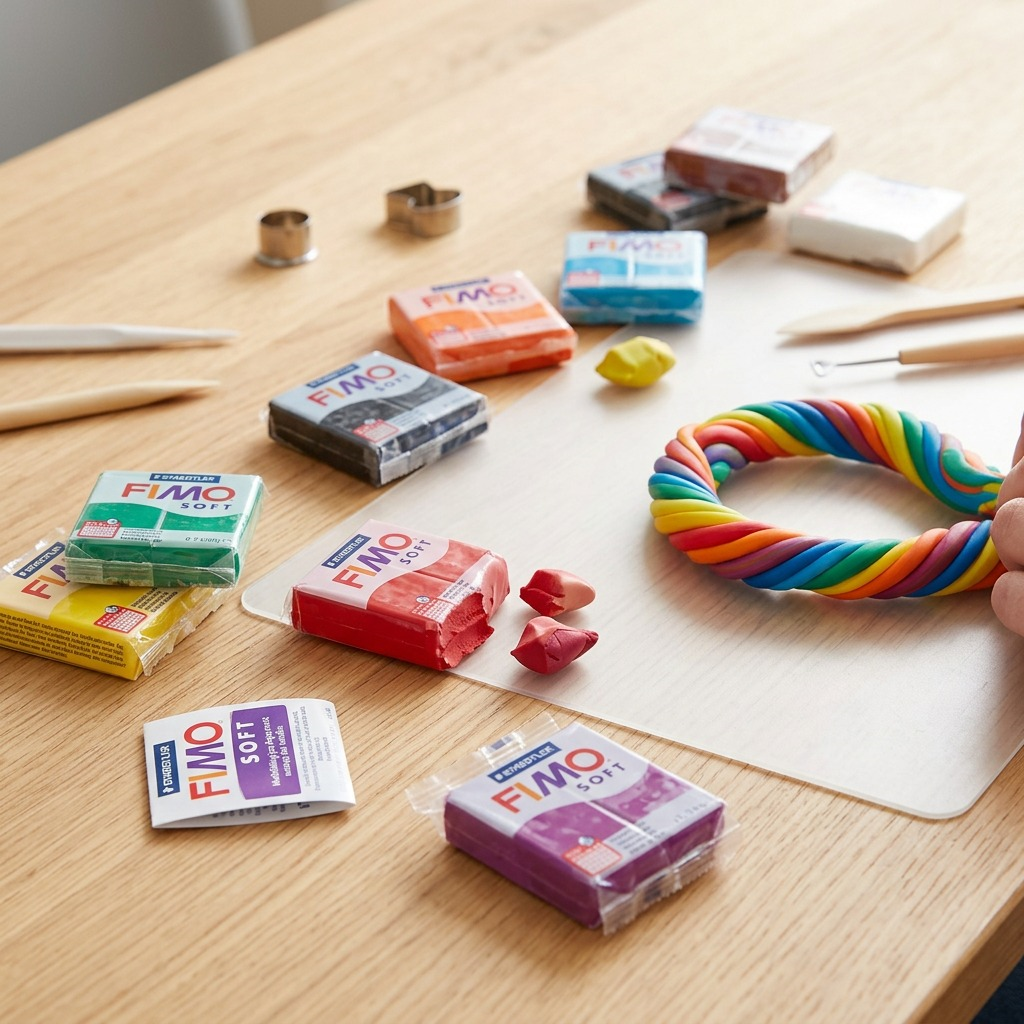 A close-up photograph of numerous colorful, opened Fimo Soft clay blocks and a partial sculpture on a wooden work surface.