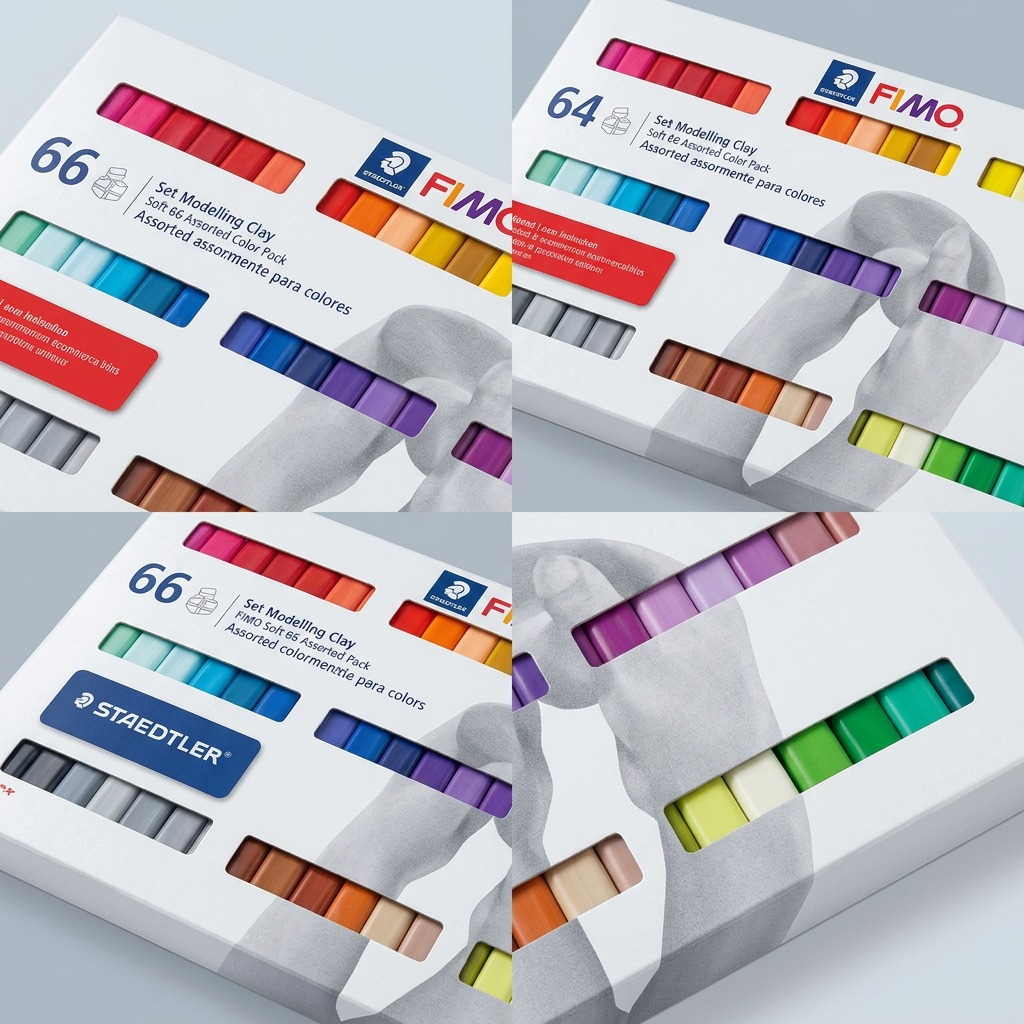 A PDP visual matrix showing the canonical Fimo Soft 66 Assorted Color Pack product image from four unique, close-up angles on a clean, grey multi-paneled background.