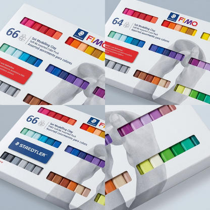 A PDP visual matrix showing the canonical Fimo Soft 66 Assorted Color Pack product image from four unique, close-up angles on a clean, grey multi-paneled background.