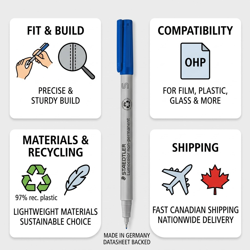 Trust and authority infographic featuring STAEDTLER Lumocolor non-permanent blue marker with fast Canadian shipping cues.