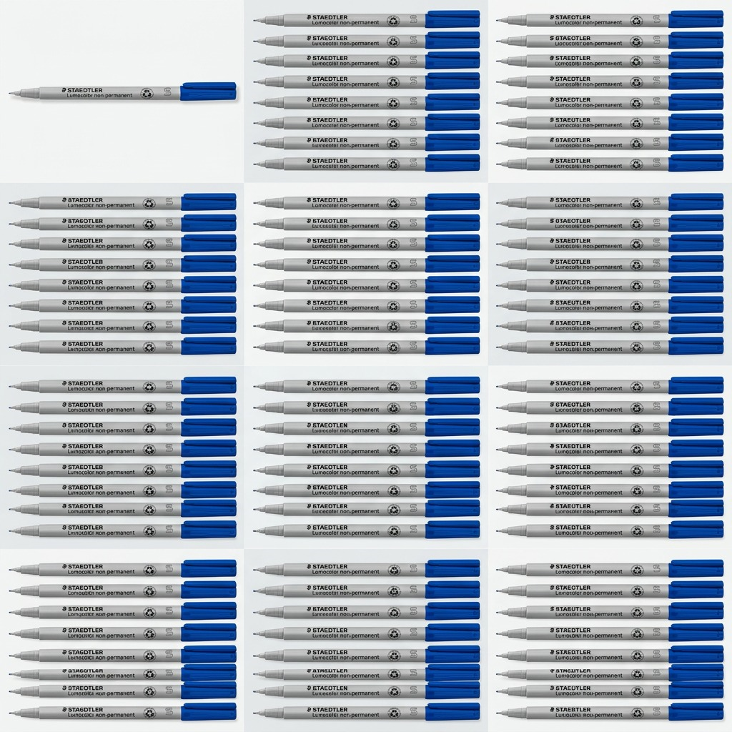 A precise matrix display showing the STAEDTLER blue fineliner in organized quantities.