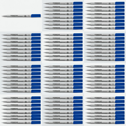 A precise matrix display showing the STAEDTLER blue fineliner in organized quantities.