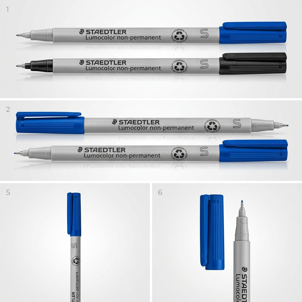 Grid matrix for STAEDTLER Lumocolor non-permanent fineliner pen, showing blue, black, red, green variants and angle views.