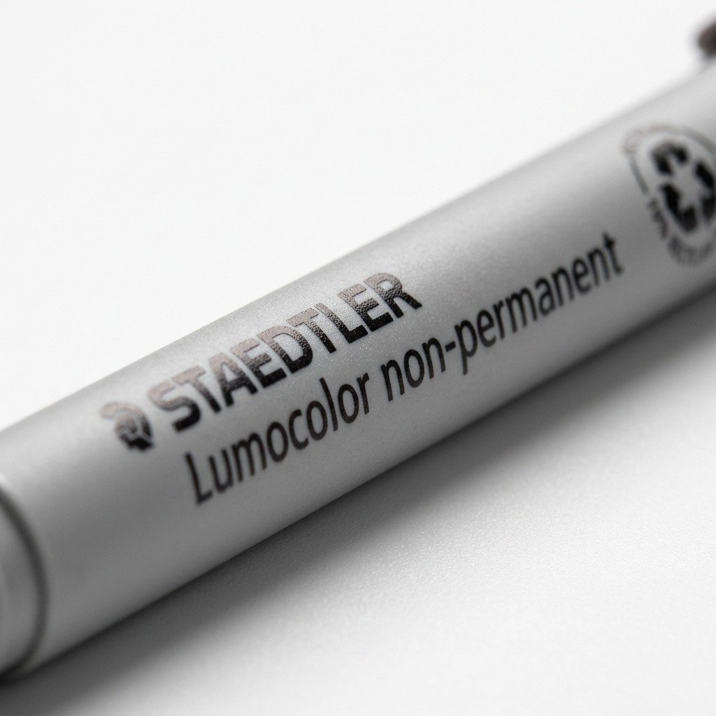 Extreme macro view of the barrel of the STAEDTLER Lumocolor non-permanent marker (image_0.png) focusing on the print details.