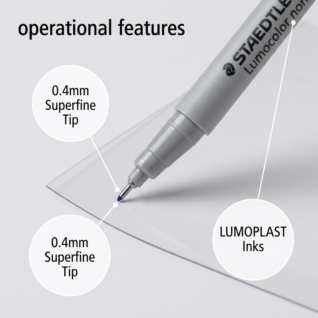 A macro product visual showing the STAEDTLER superfine blue fineliner highlighting practical on-surface features via concise circular floating graphic labels and pointer lines on a clean background.