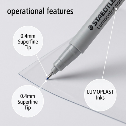 A macro product visual showing the STAEDTLER superfine blue fineliner highlighting practical on-surface features via concise circular floating graphic labels and pointer lines on a clean background.