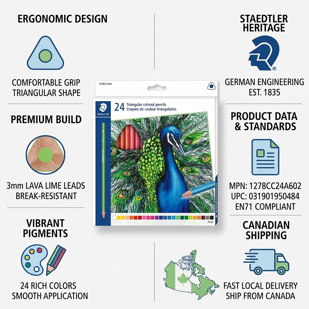 An infographic for STAEDTLER 1278CC24A6 colored pencils, highlighting ergonomic triangular design, 24 vibrant colors, durable 3mm lead, premium cedar wood construction, and fast Canadian shipping.