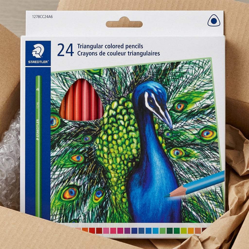 A realistic photo shows a STAEDTLER set of 24 triangular colored pencils, in its retail packaging, centered in a plain cardboard shipping box and surrounded by clean, secure protective foam peanuts. The STAEDTLER triangle and peacock theme are clearly visible on the front of the product package, emphasizing its original condition inside the delivery container.