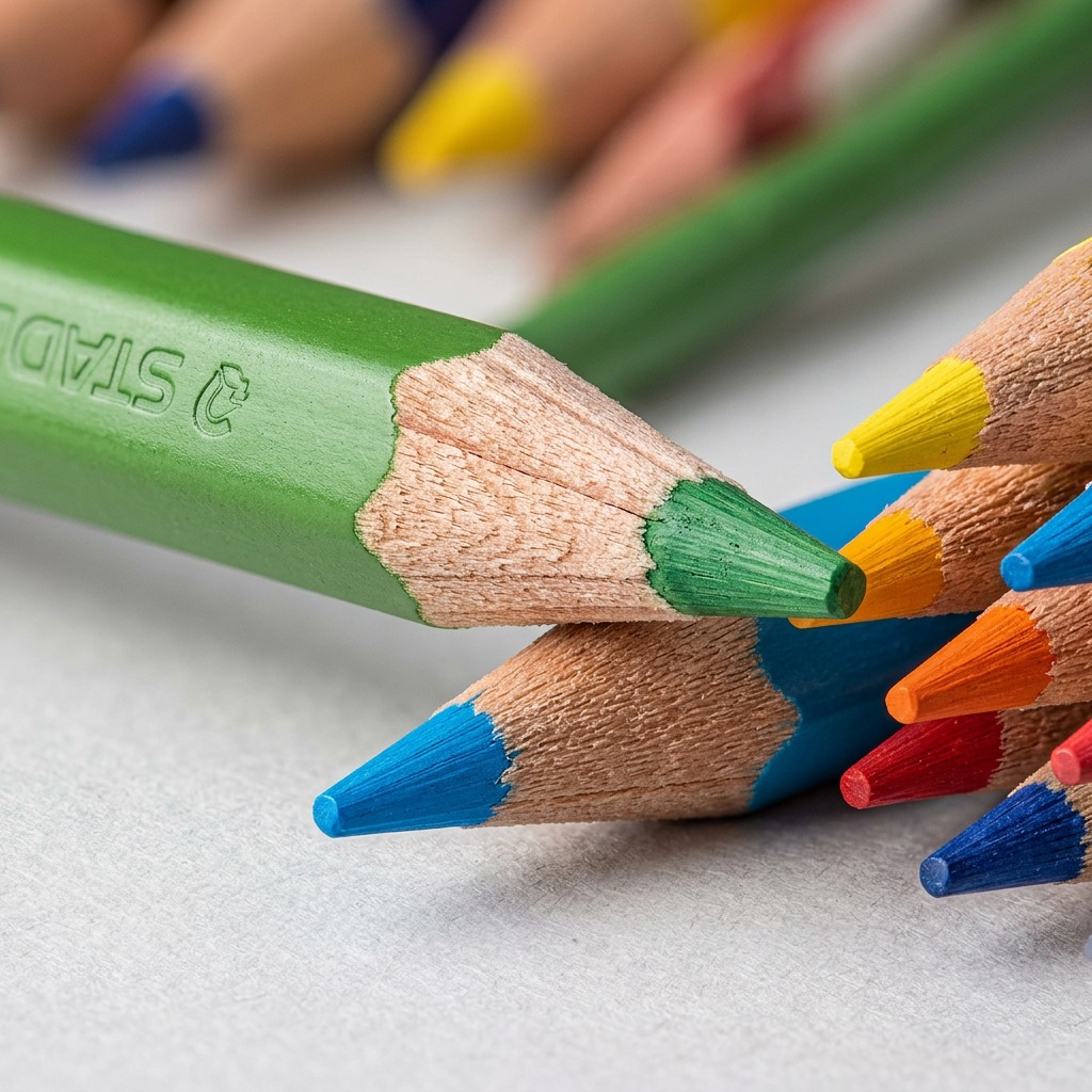 Macro image of Staedtler 1278 triangular colored pencils, showing wood grain, points, and unique shape.