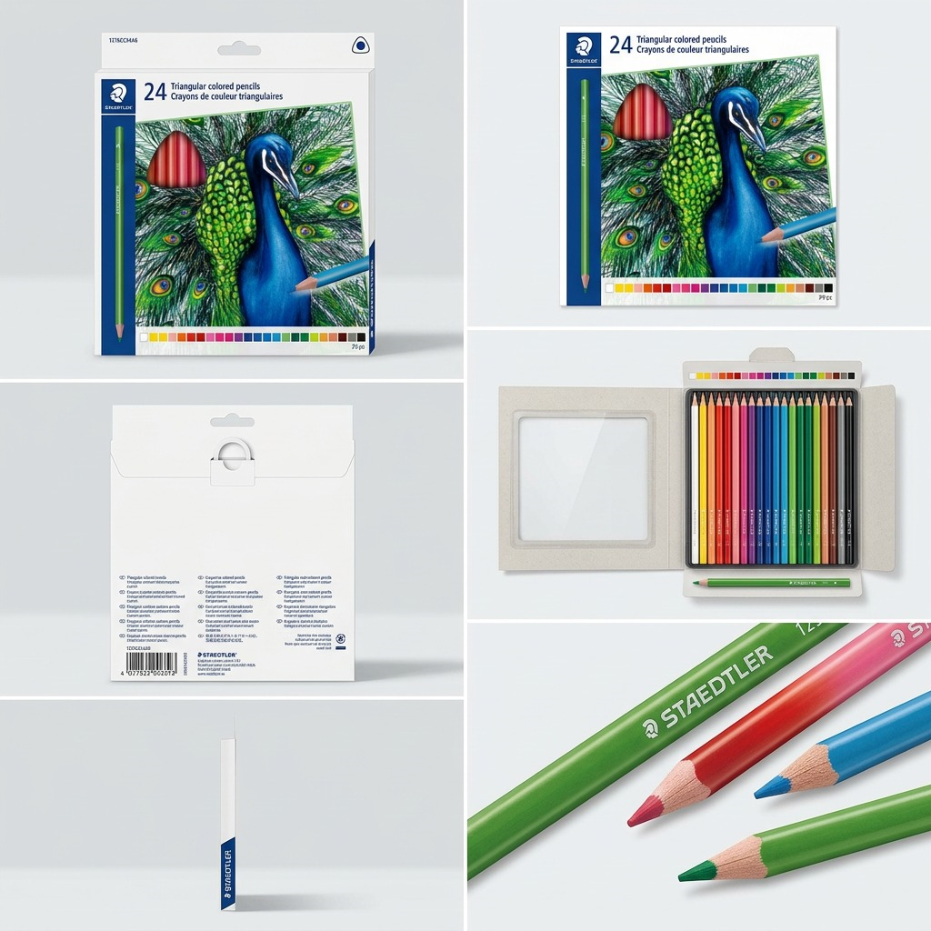 A six-panel visual matrix showing the Staedtler colored pencils pack from multiple distinct angles.