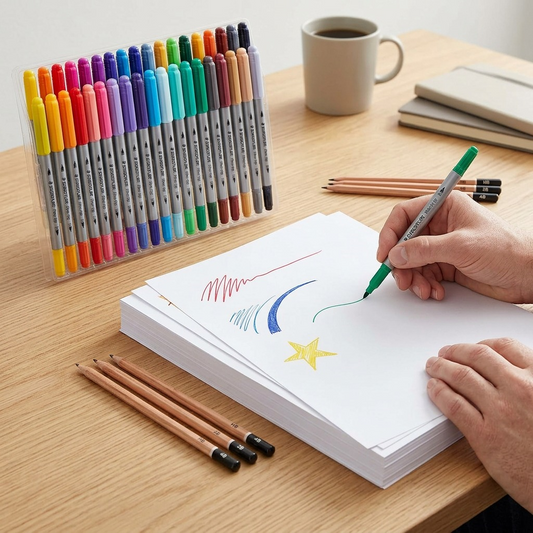 A 72-pack set of STAEDTLER double-ended fibre-tip pens on a desk next to an adult hand for scale.