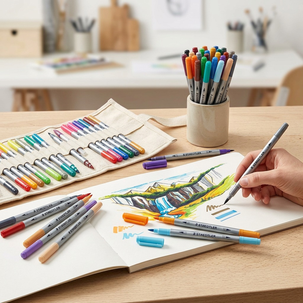 STAEDTLER double-ended fibre-tip pens in use, creating art. No packaging seen. Context: art and crafting.
