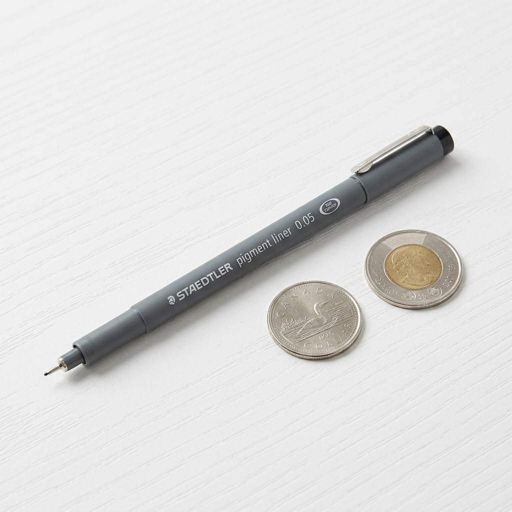 A side-by-side photograph showing the Staedtler pigment liner pen next to common coins for size comparison.