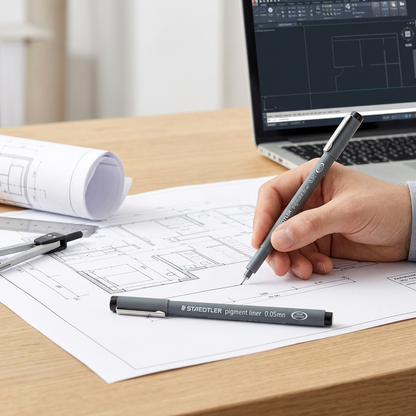 A candid photo of the Staedtler pigment liner on an architectural drawing, highlighting its fine 0.05mm tip in a creative workspace.