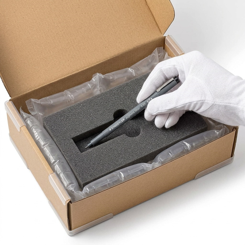 A photorealistic unboxing view of a STAEDTLER pigment liner within a protective bubble-wrap sleeve inside a cardboard shipping box.