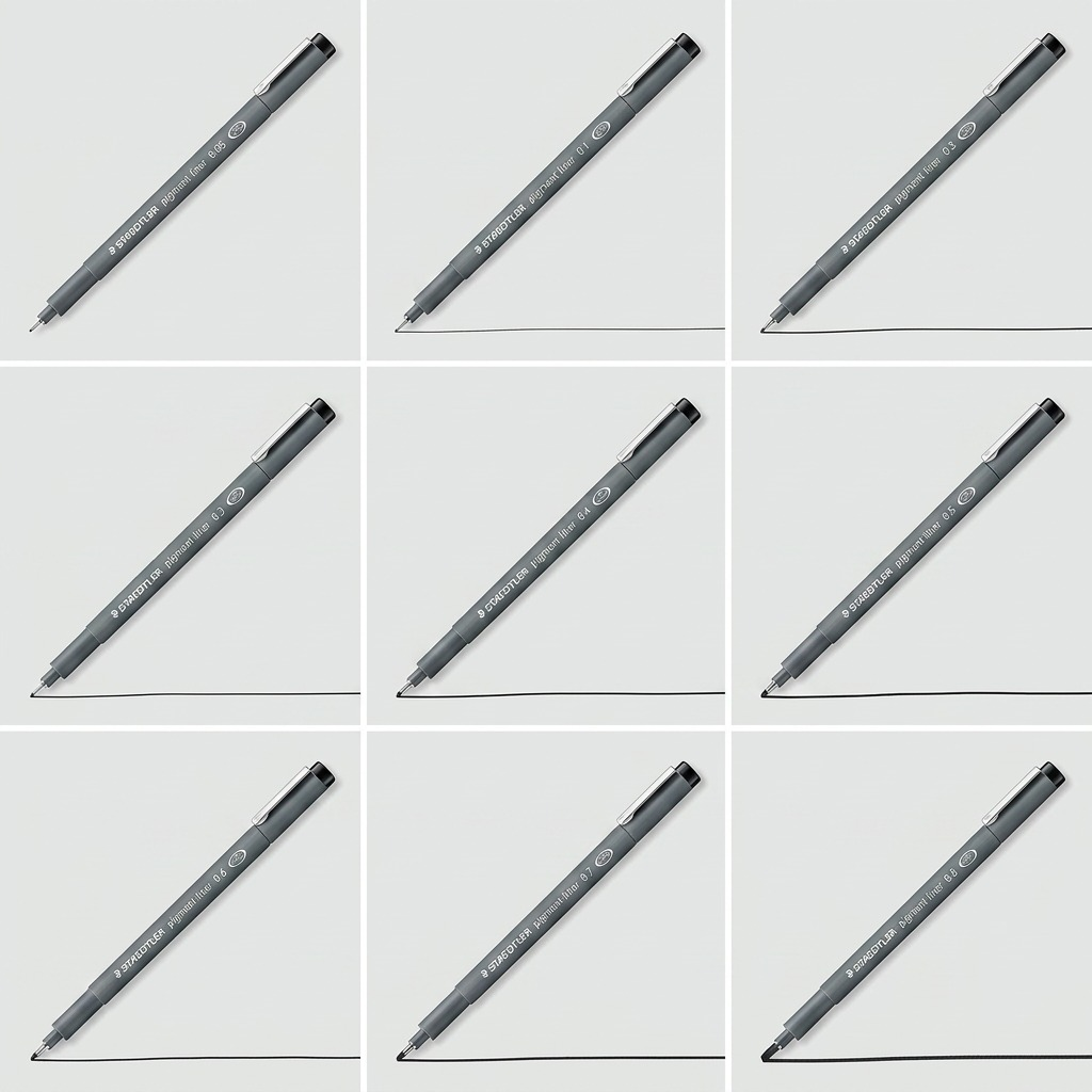 A 3x3 grid showing nine Staedtler pigment liners in various line widths, from fine to thick, on a light grey background.