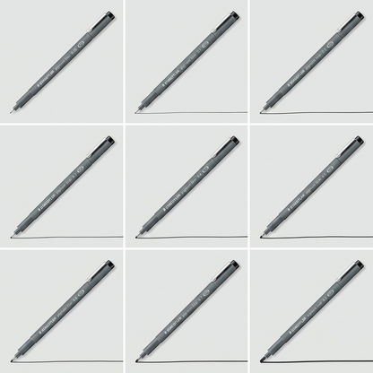 A 3x3 grid showing nine Staedtler pigment liners in various line widths, from fine to thick, on a light grey background.