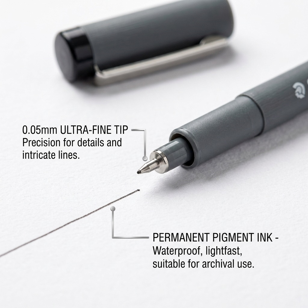 A close-up photograph of the fine tip of a STAEDTLER Pigment Liner 0.05, drawing an incredibly thin, dark, permanent line on paper. Callout labels state: '0.05mm Ultra-Fine Tip' and 'Waterproof Pigment Ink'.