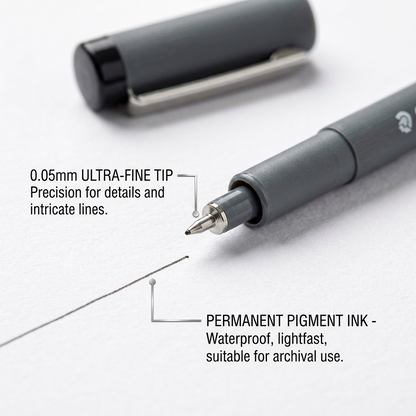 A close-up photograph of the fine tip of a STAEDTLER Pigment Liner 0.05, drawing an incredibly thin, dark, permanent line on paper. Callout labels state: '0.05mm Ultra-Fine Tip' and 'Waterproof Pigment Ink'.
