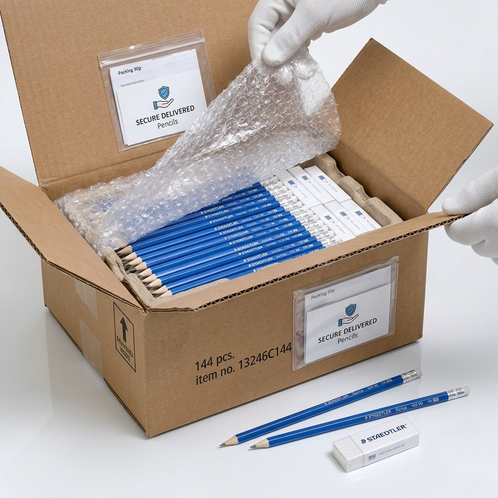 Hand in glove peeling bubble wrap from an outer box, revealing a master carton of 144 pencils.