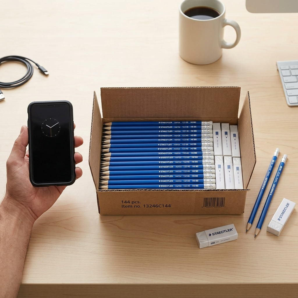 Scale reference photo showing the open cardboard box with pencil set on a desk beside a hand holding an adult-sized smartphone.