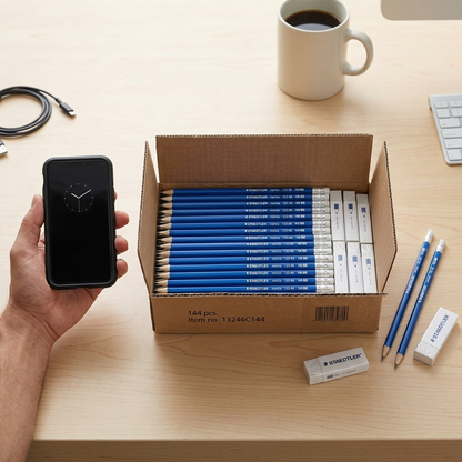 Scale reference photo showing the open cardboard box with pencil set on a desk beside a hand holding an adult-sized smartphone.