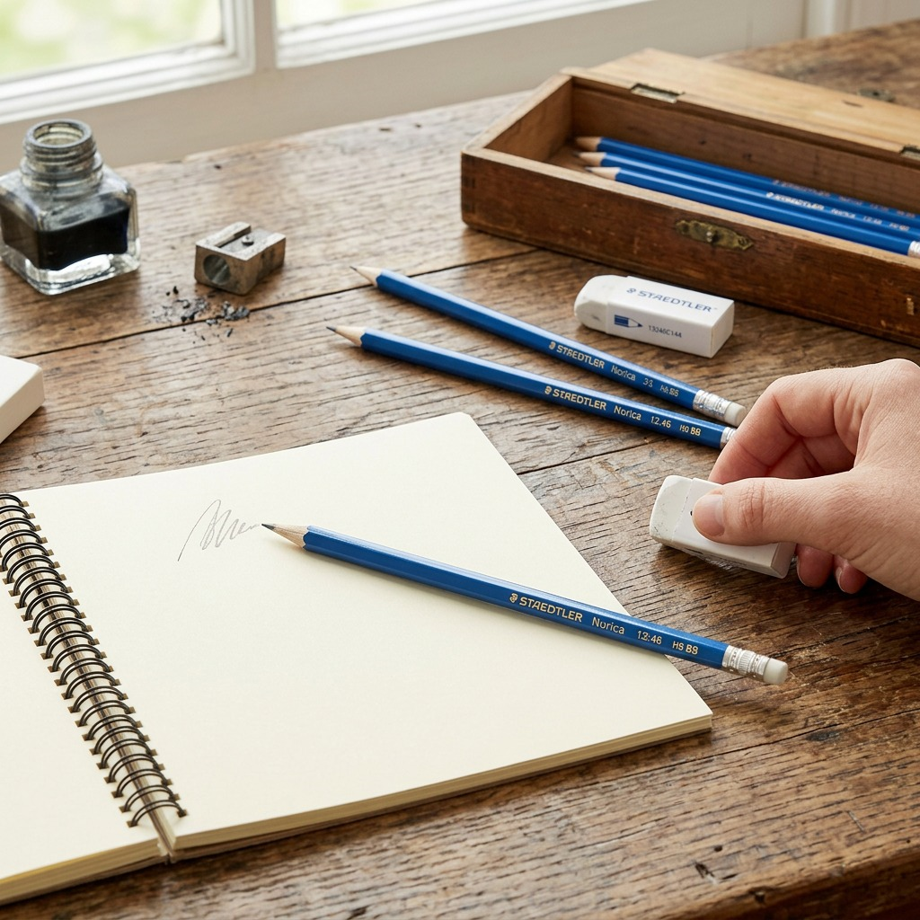 A close-up photograph over a rustic desk, showing four single Staedtler Norica blue-barreled HB2 pencils and two whole white Staedtler erasers next to an open, worn notebook, with a few pencil shavings in a small glass dish and blurred art supplies in the background. Natural light. Accurate product scale.