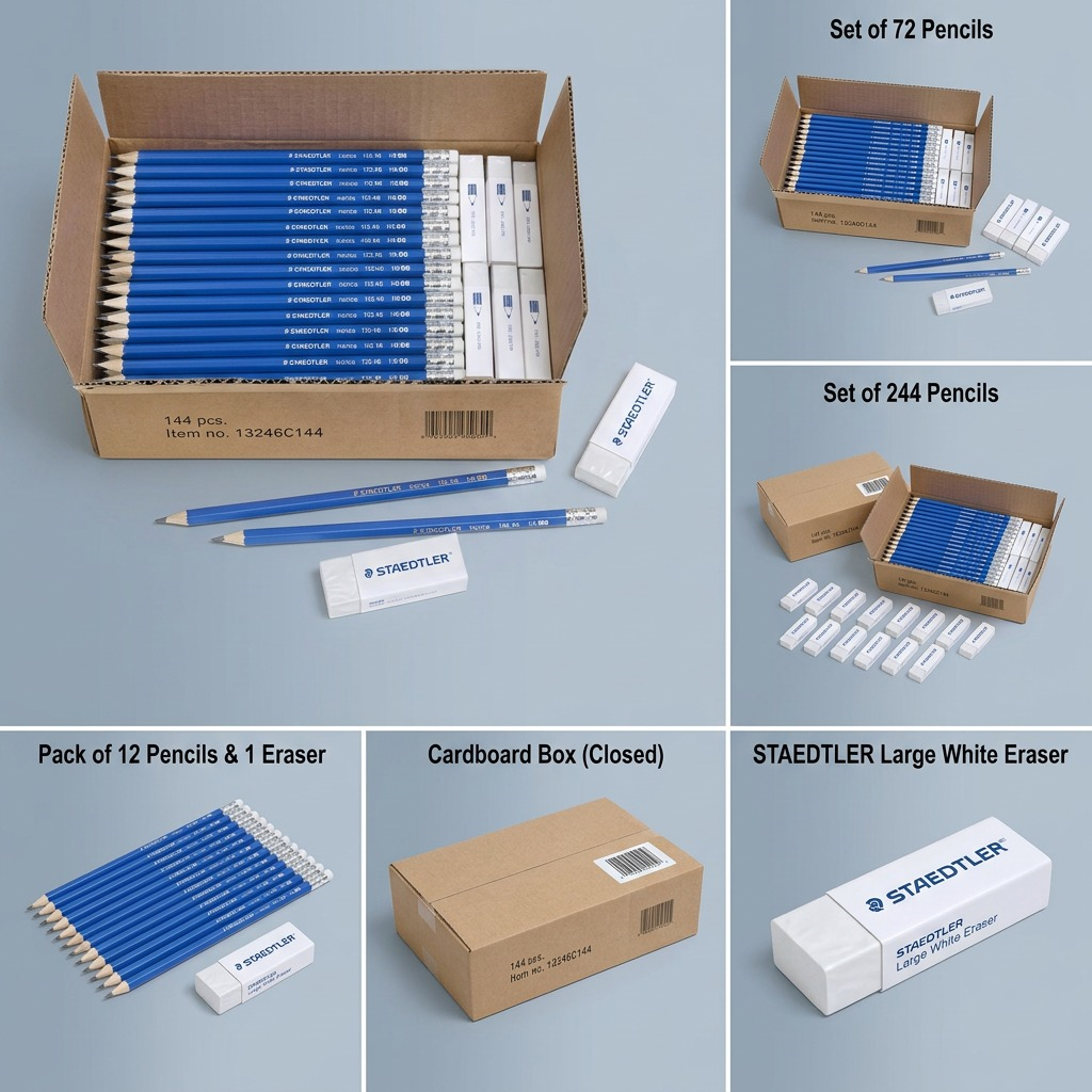 A visual matrix displaying the original 144-piece pencil and eraser set, alongside four variant options with different quantities and a standalone box view.